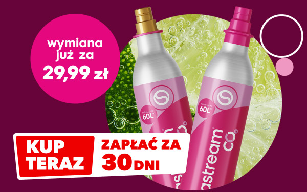 Dwa cylindryczne pojemniki z różowymi etykietami na tle bąbelków, z napisem 60L oraz logo w kształcie litery S. W lewym górnym rogu widnieje różowe koło z tekstem: wymiana już za 29,99 zł, a na dole biało-czerwony prostokąt z napisem: Kup teraz, zapłać za 30 dni.