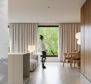 Apartamenty Smolna Sopot łączą skandynawski minimalizm z dalekowschodnią filozofią współistnienia domu i przyrody.